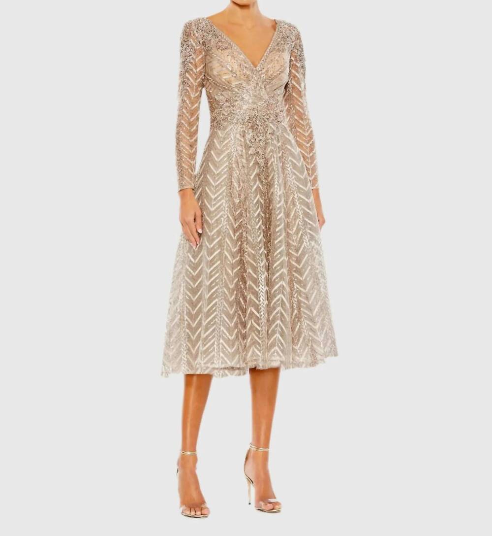 NEW MAC DUGGAL sequin embellished long sleeve wrap dress in taupe